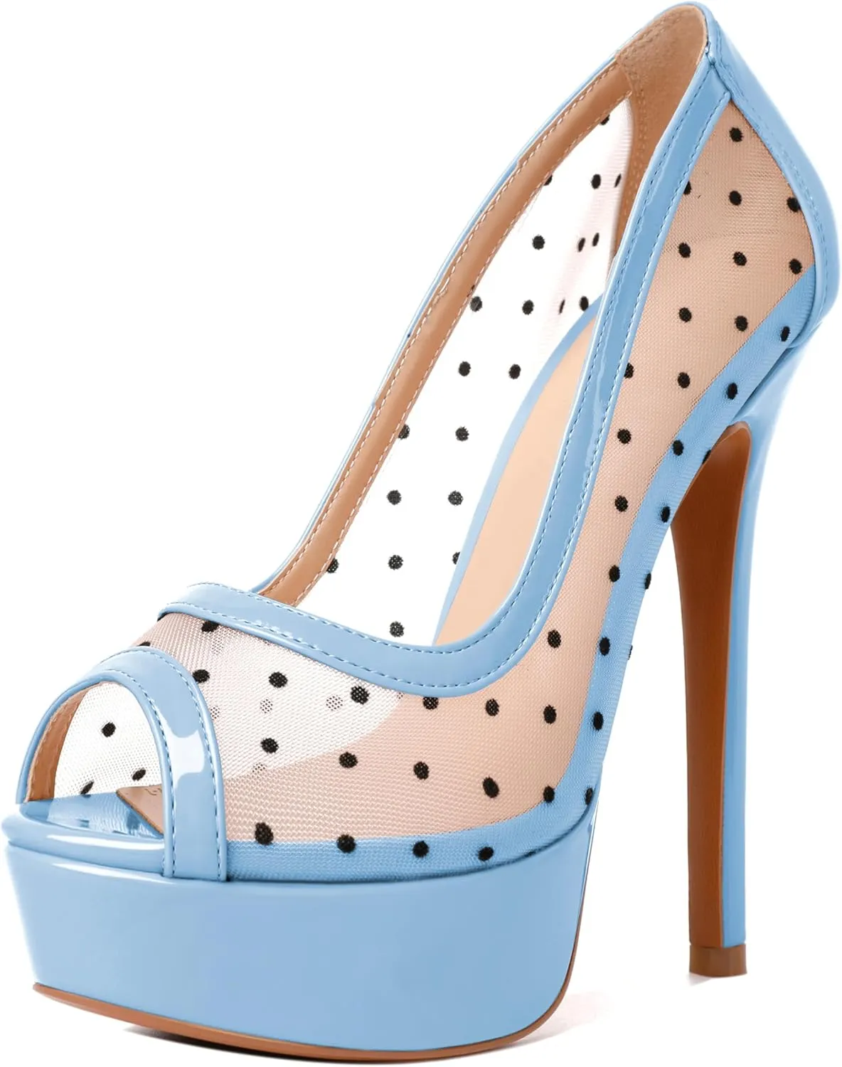 AUMOTED Women's Peep Toe High Heel Platform Stiletto Pumps Slip On Patent Mesh Polka Dot Heels 5.5" Party Wedding Dress Shoes