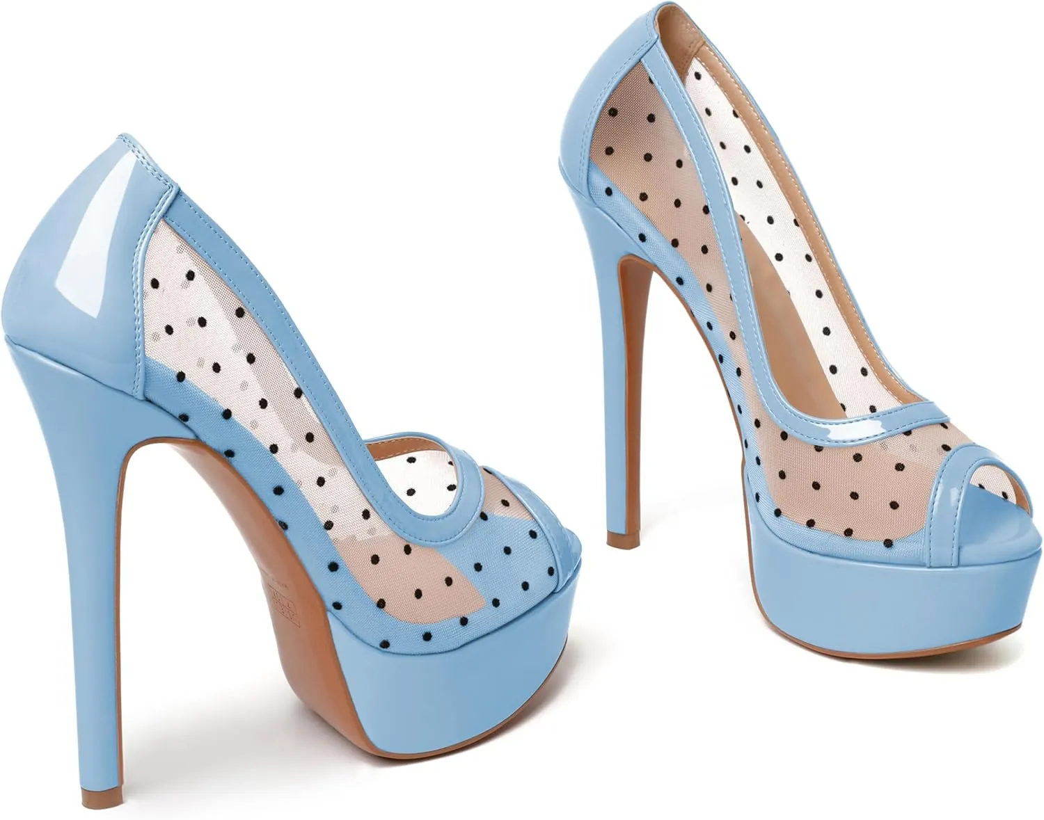 AUMOTED Women's Peep Toe High Heel Platform Stiletto Pumps Slip On Patent Mesh Polka Dot Heels 5.5" Party Wedding Dress Shoes