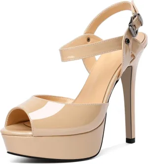 AUMOTED Women's Platform Sandals Stiletto High Heels Peep Toe Sandals Ankle Strap Dating Patent Summer Heels 5.5 Inch Party Sandals