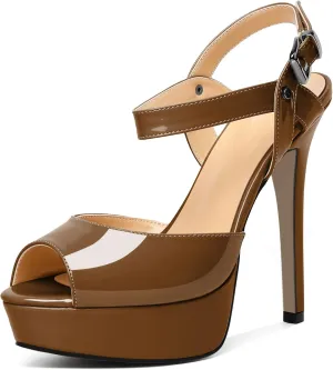 AUMOTED Women's Platform Sandals Stiletto High Heels Peep Toe Sandals Ankle Strap Dating Patent Summer Heels 5.5 Inch Party Sandals