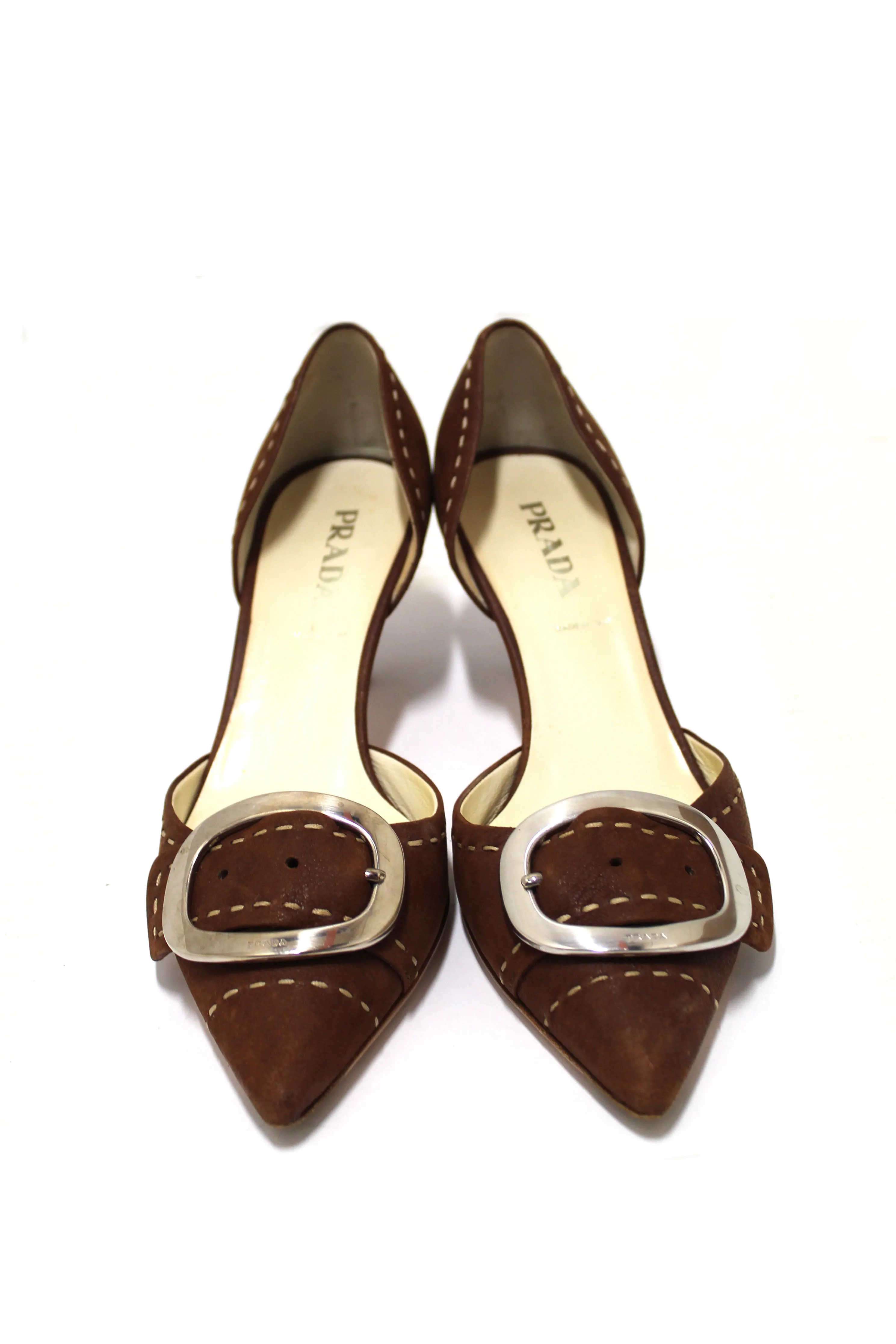 Authentic Prada Brown Suede Buckle Kitten Heels Size 36.5