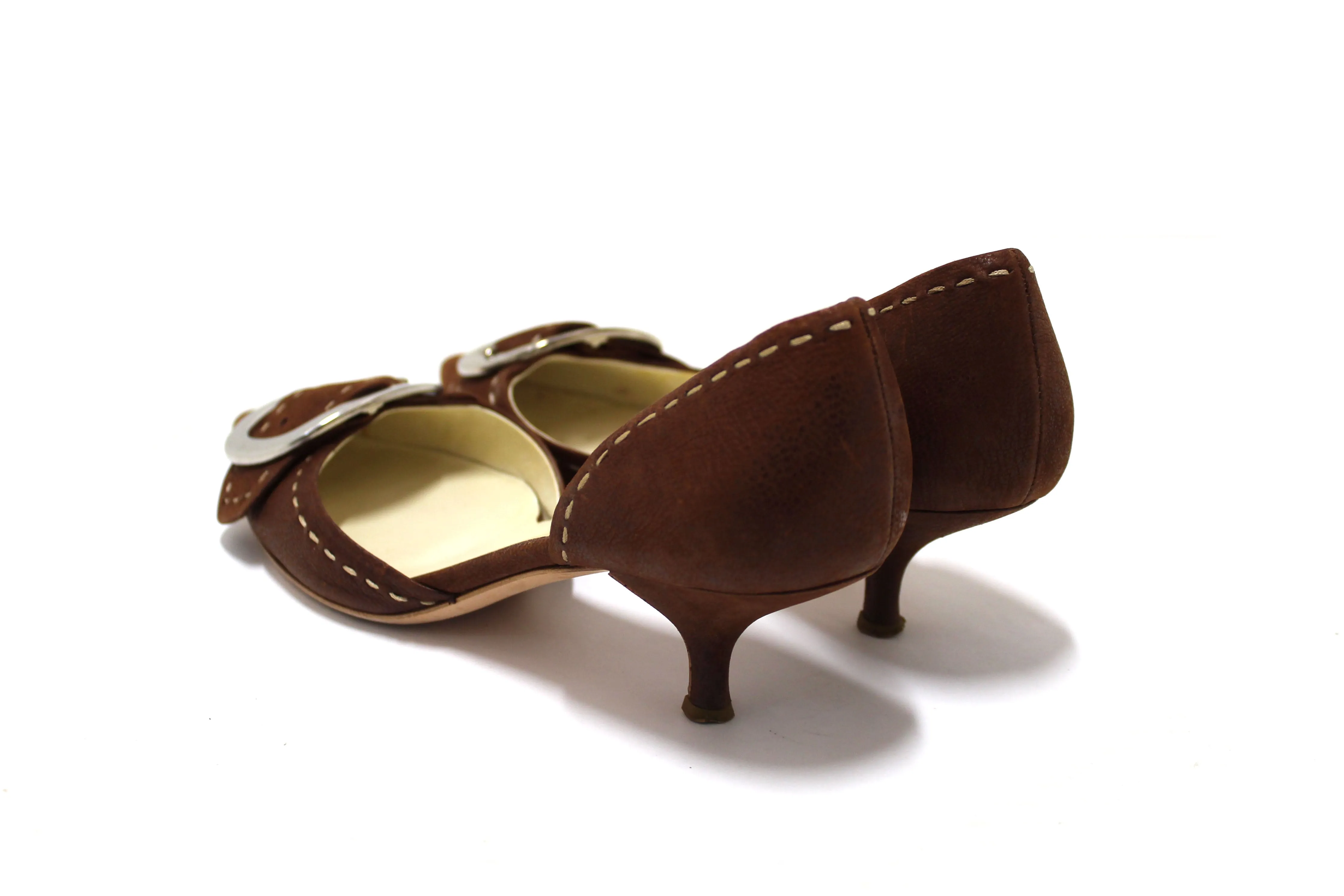 Authentic Prada Brown Suede Buckle Kitten Heels Size 36.5