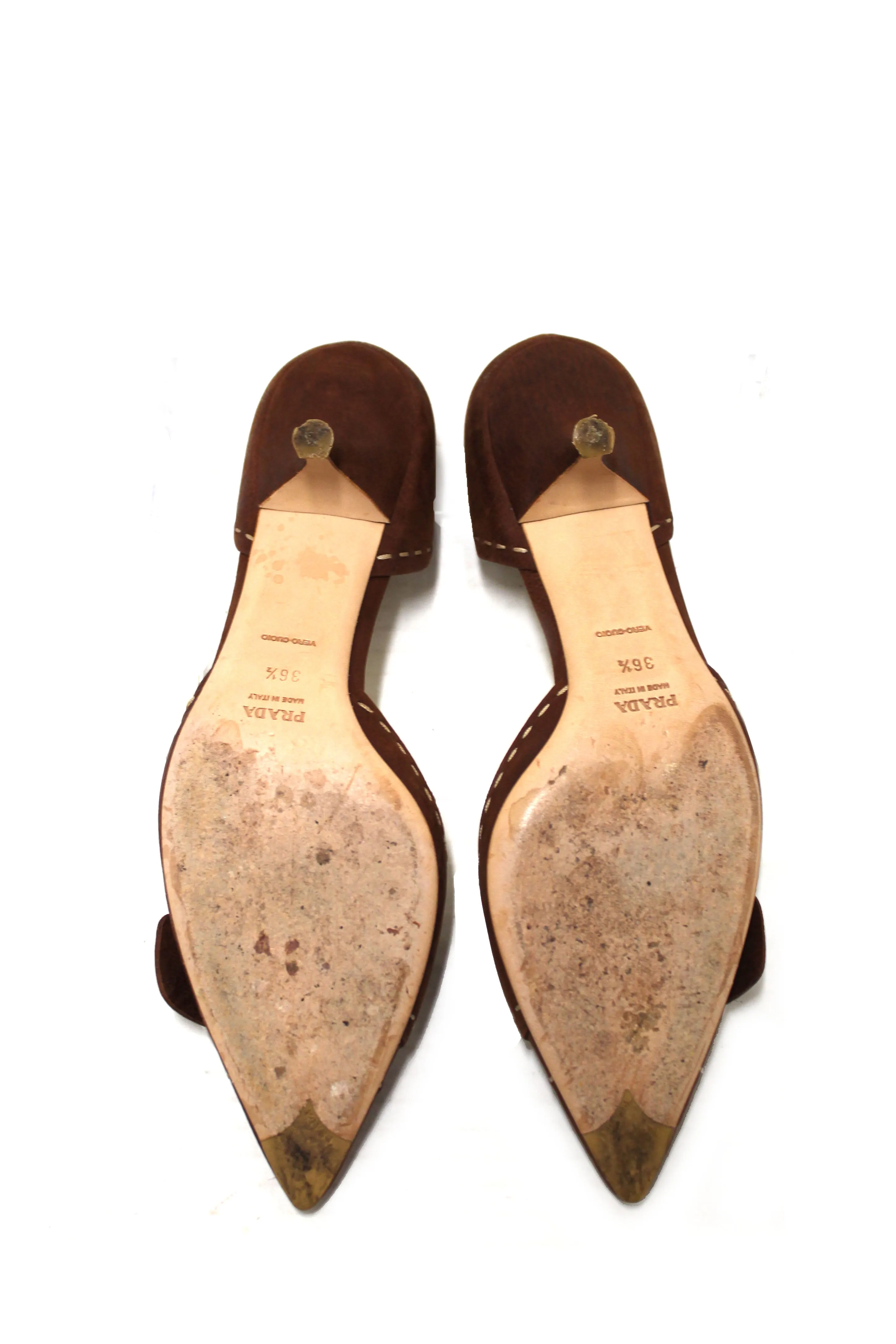 Authentic Prada Brown Suede Buckle Kitten Heels Size 36.5