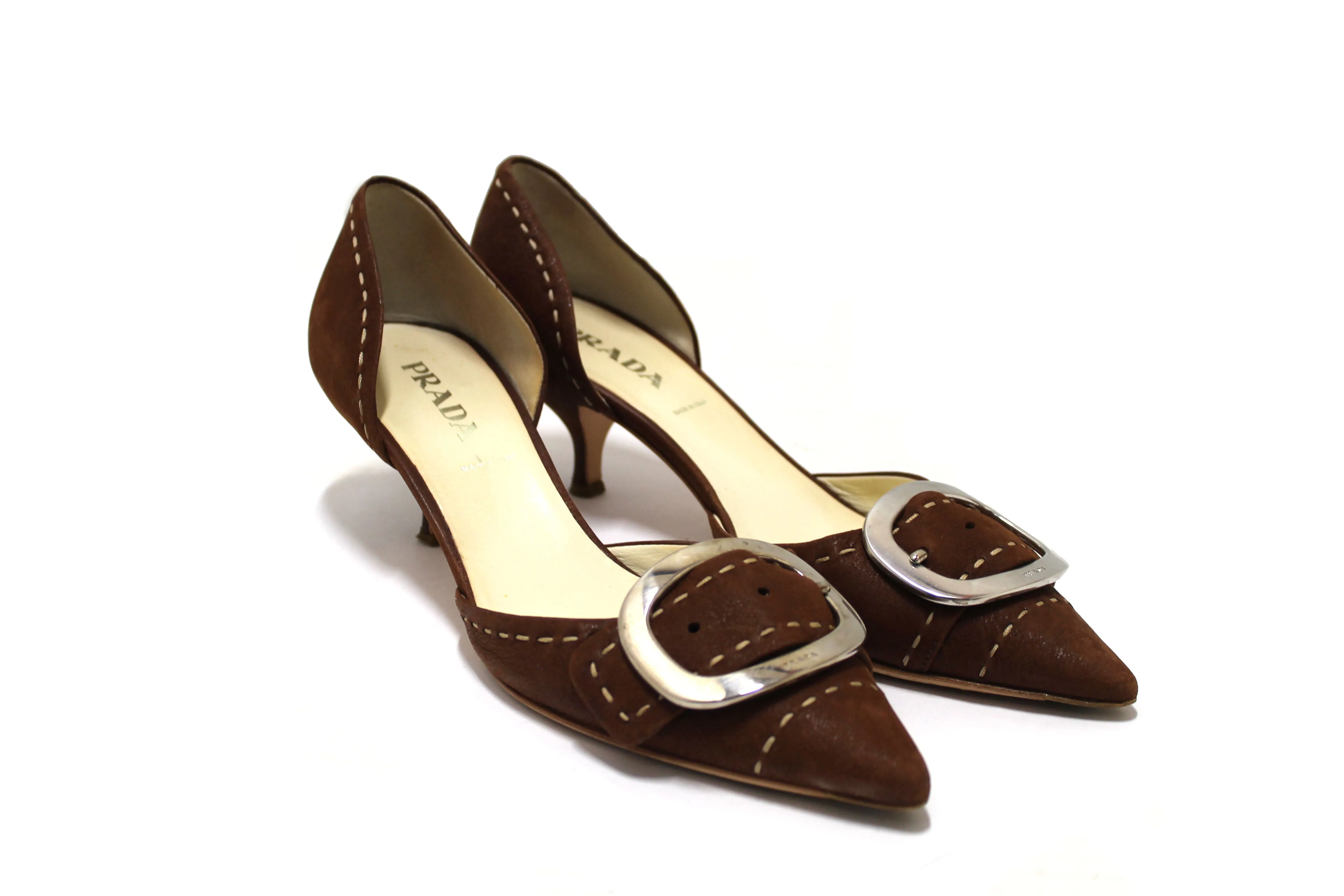 Authentic Prada Brown Suede Buckle Kitten Heels Size 36.5
