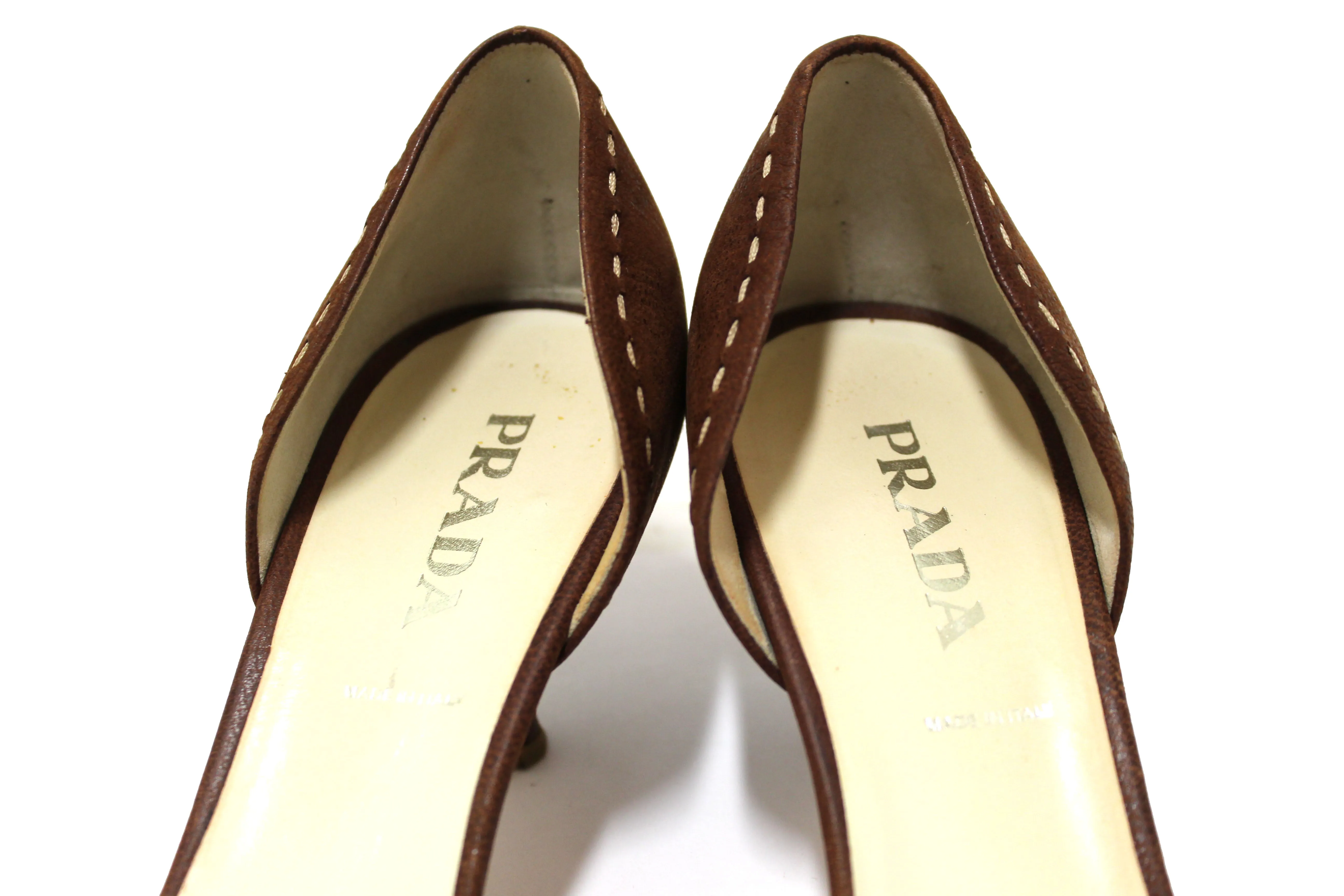 Authentic Prada Brown Suede Buckle Kitten Heels Size 36.5
