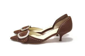 Authentic Prada Brown Suede Buckle Kitten Heels Size 36.5