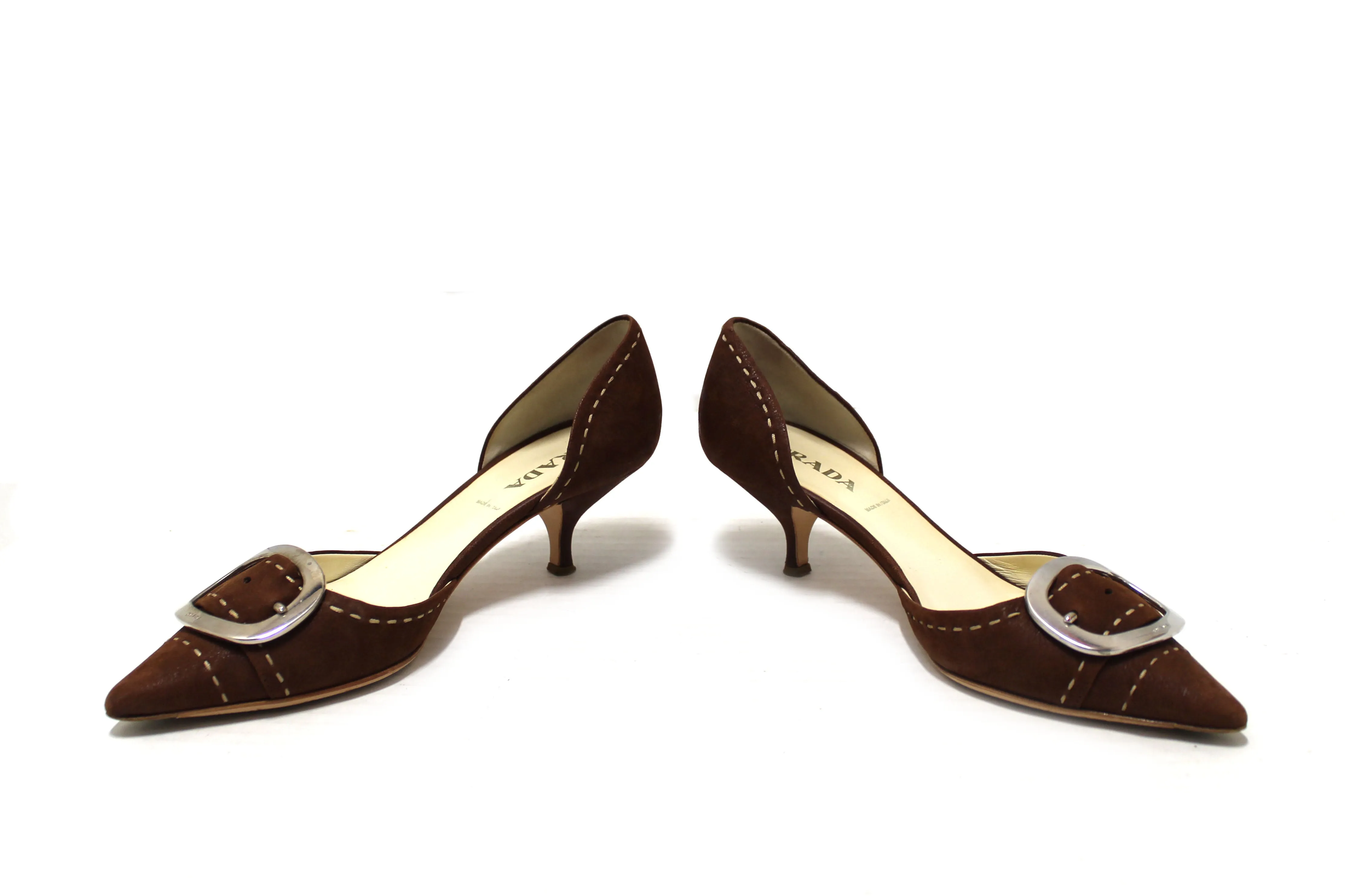Authentic Prada Brown Suede Buckle Kitten Heels Size 36.5