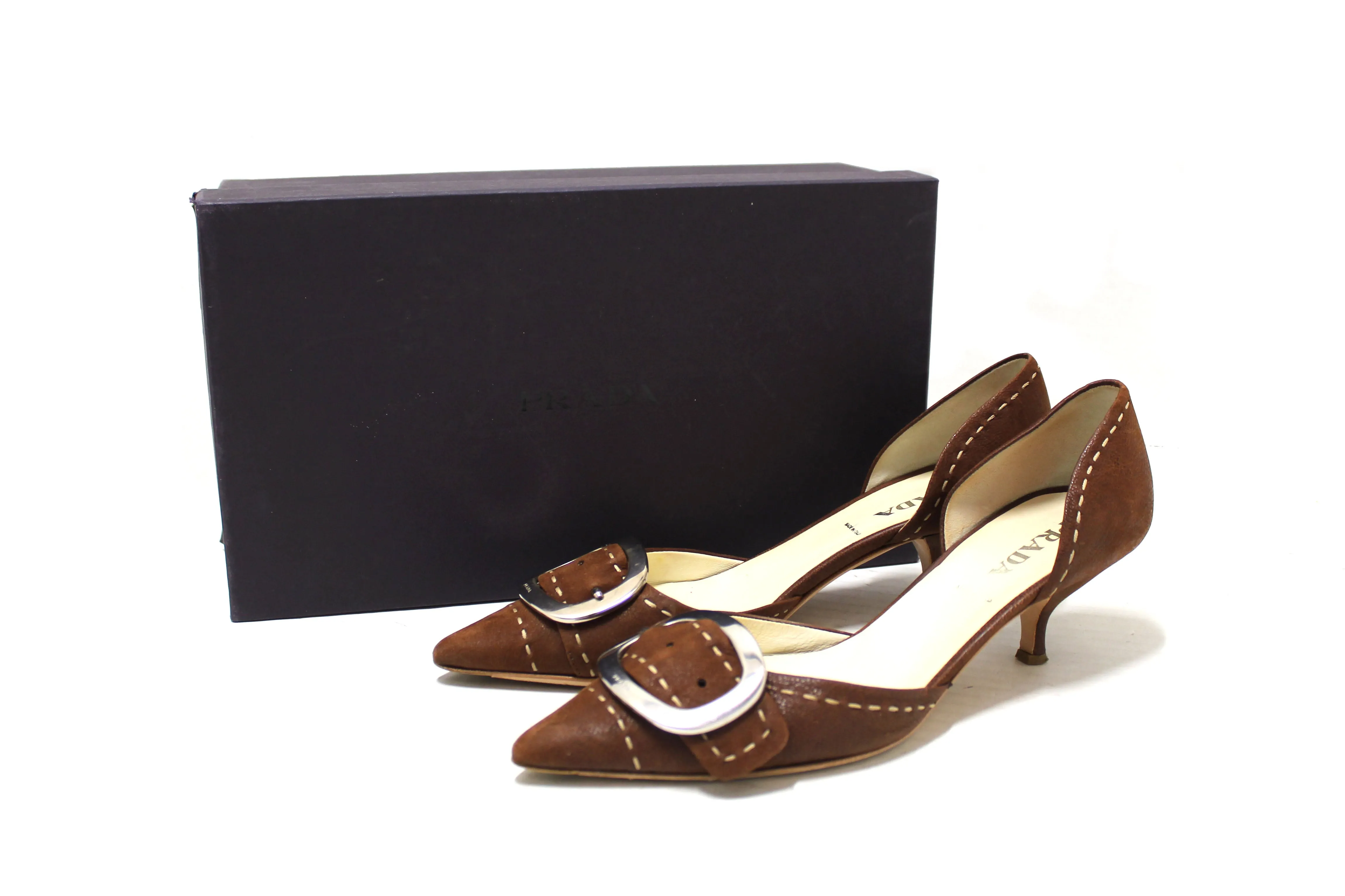 Authentic Prada Brown Suede Buckle Kitten Heels Size 36.5