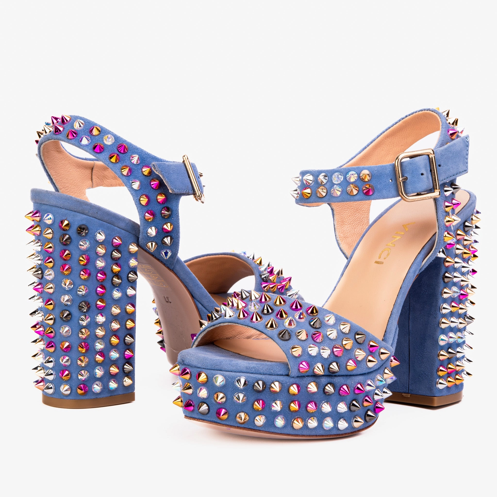 Odor Resistant Technology Toe Gripping Technology The Tampico Blue Suede Leather Spike Platform Heel Women Sandal