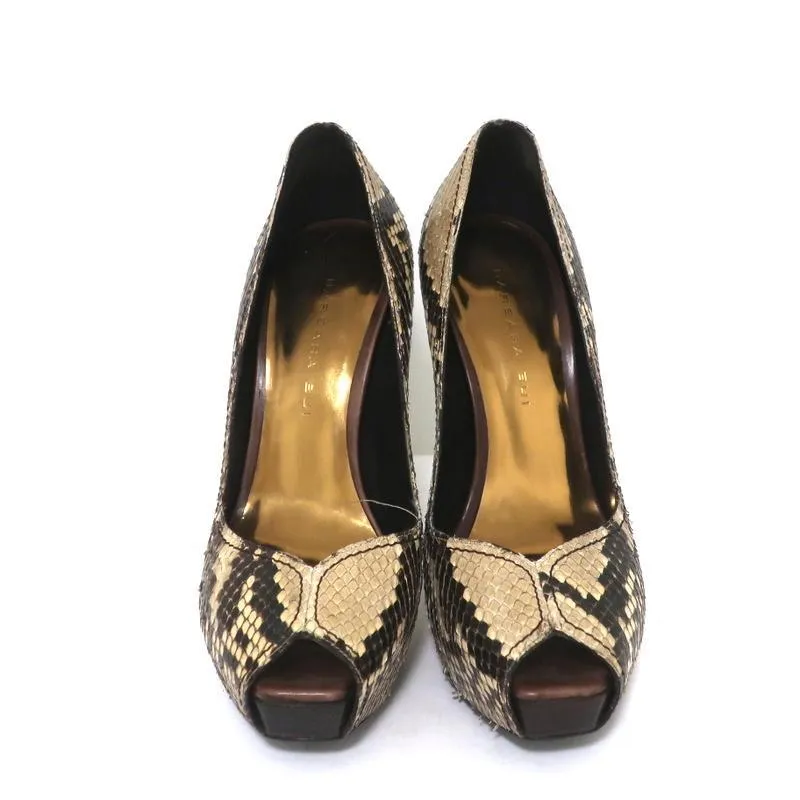 Barbara Bui Platform Pumps Ivory Snakeskin Size 37 Peep Toe Heels