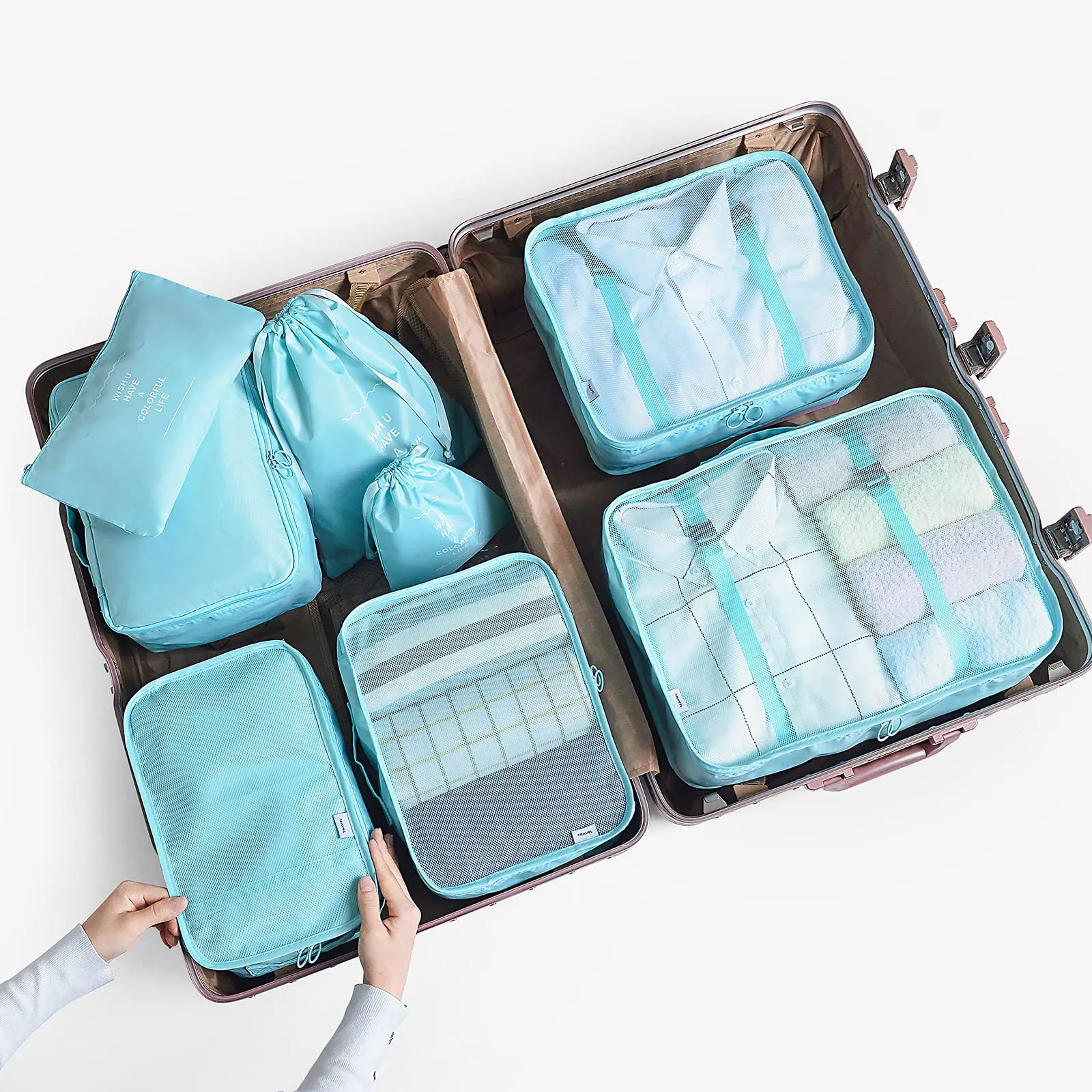 BillyBath Packing cubes Suitcase Organiser Set, 8 Pieces Clothes Bags Shoe Bags Travel Organiser Packing Cube Cosmetic Travel Organiser Packing Bags for Suitcases Teal