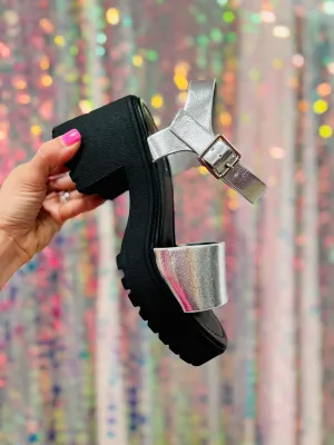 Black & Silver Shining Summer Platform Block Heels