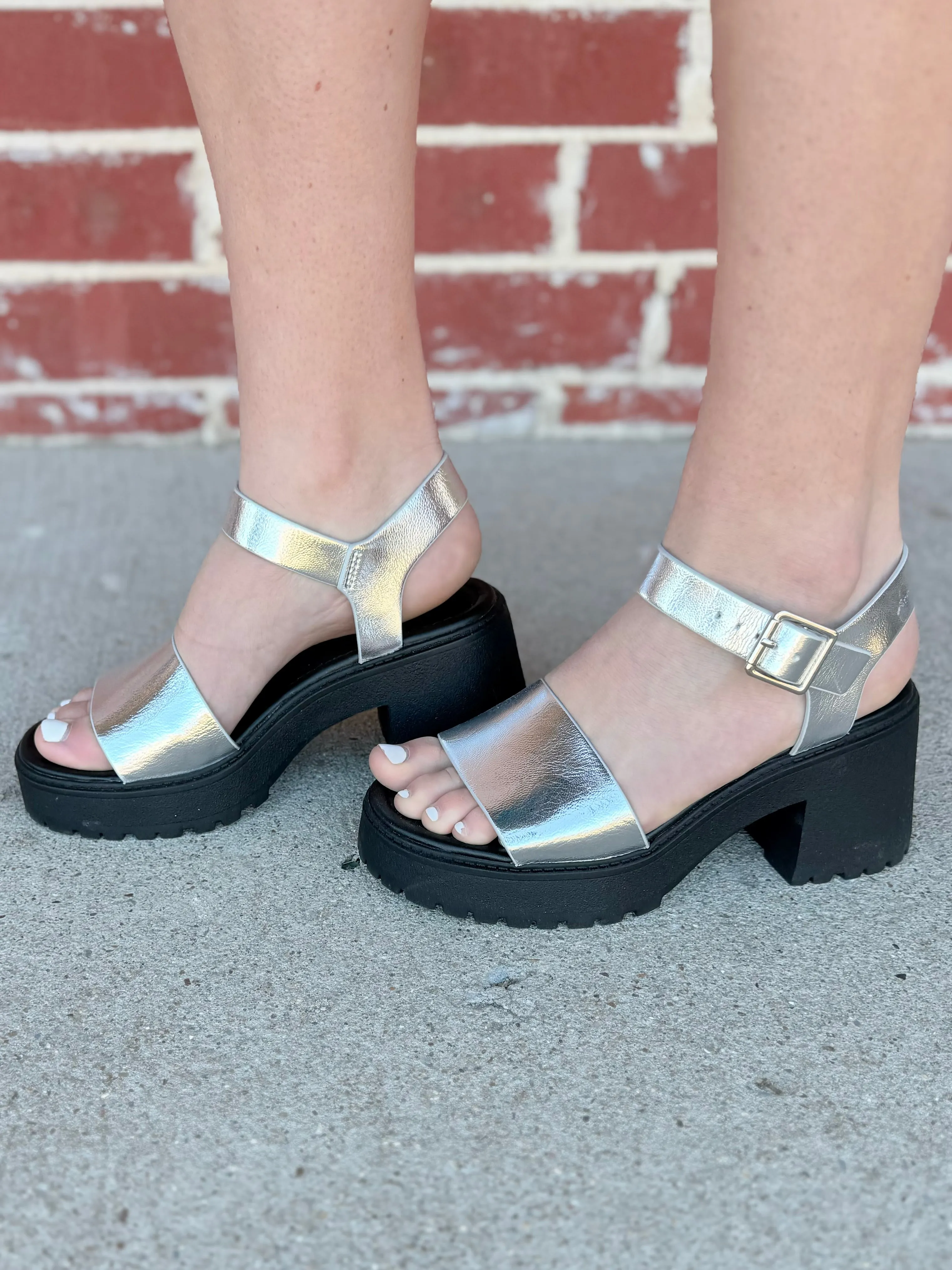 Black & Silver Shining Summer Platform Block Heels