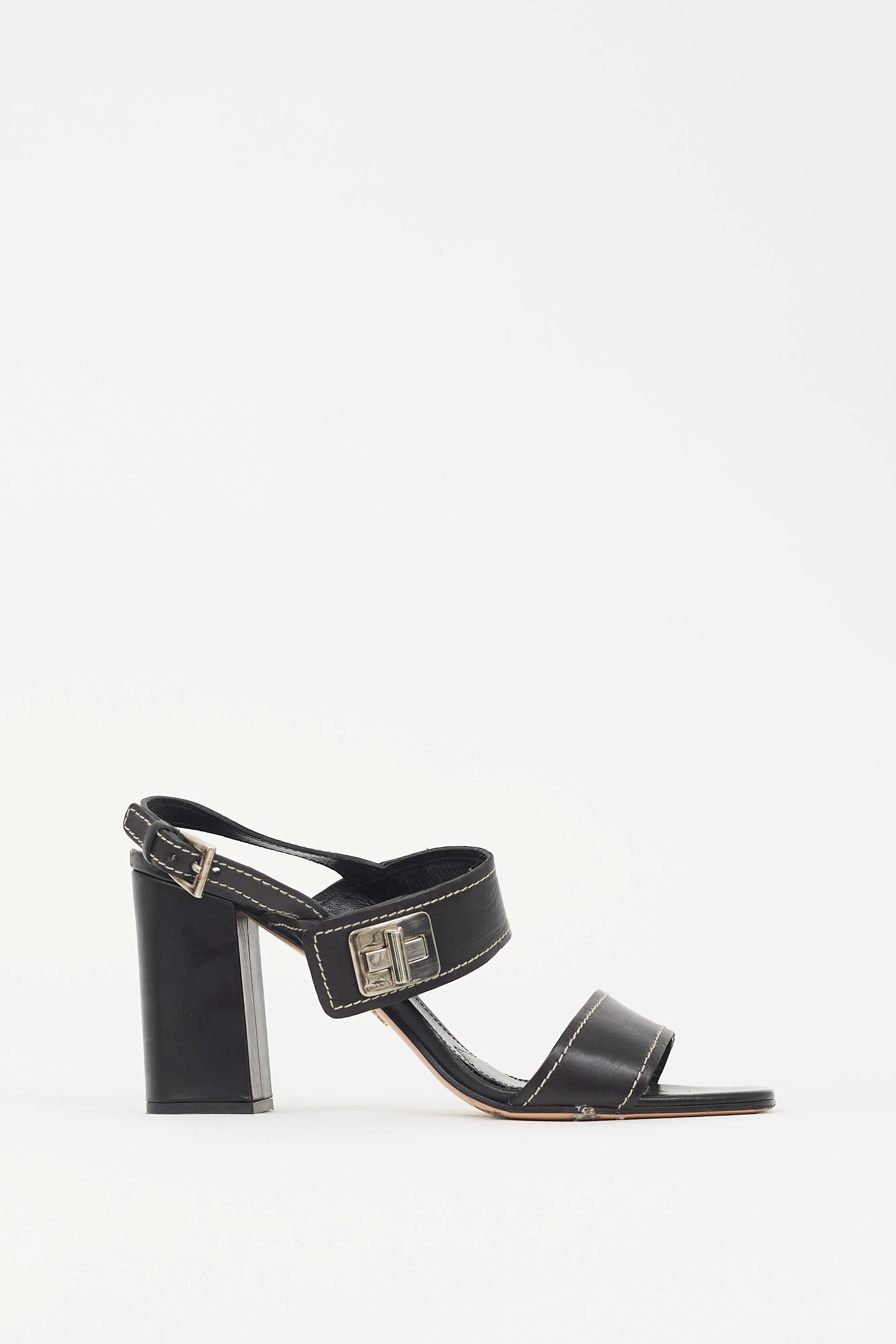 Black & Silver Turn Lock Leather Heel