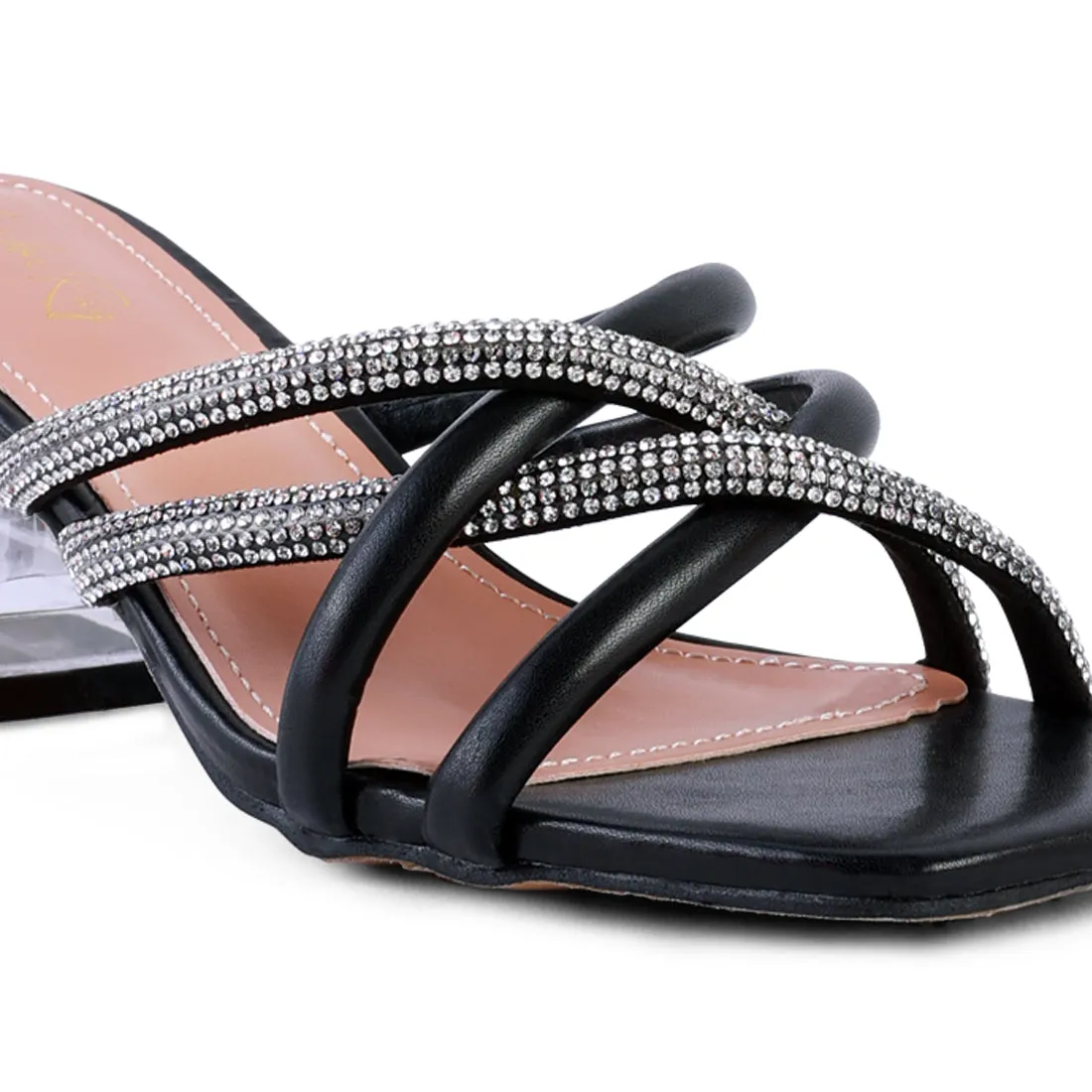 Black Cut Out Heel Diamante Sandals