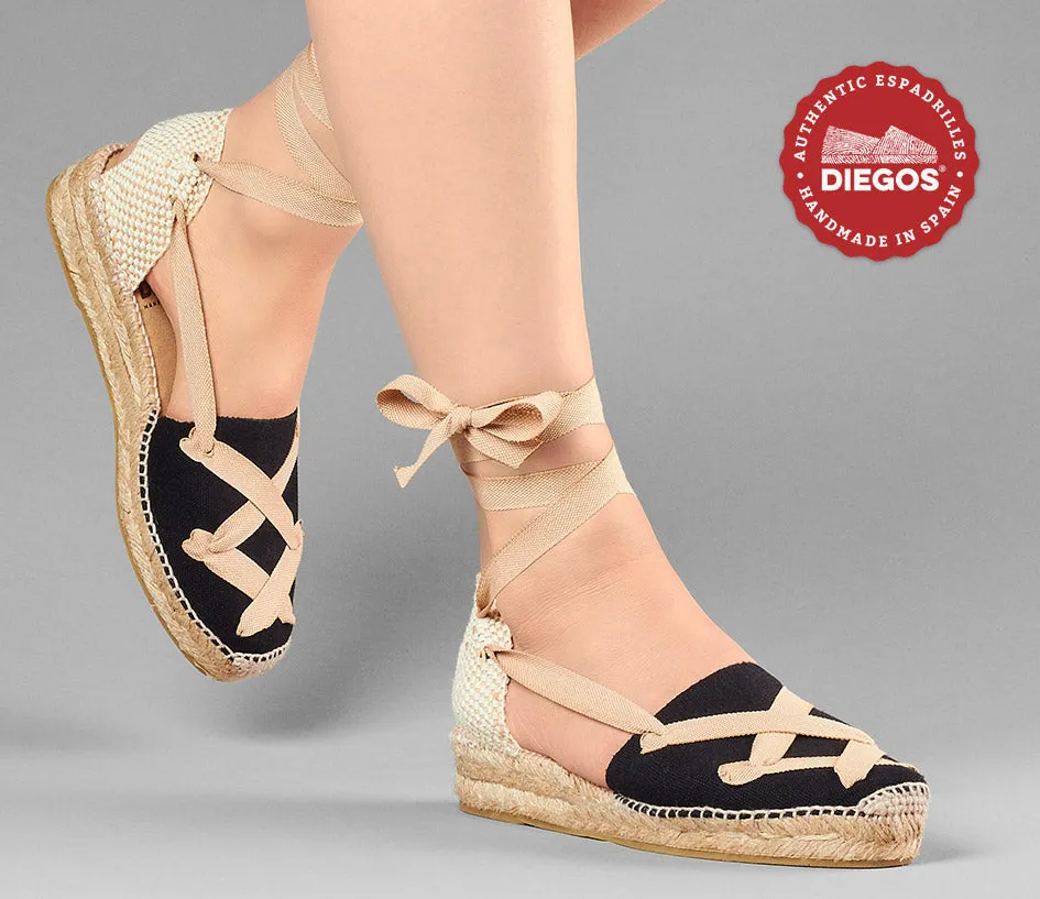 Black Lola low wedge classic laces espadrilles