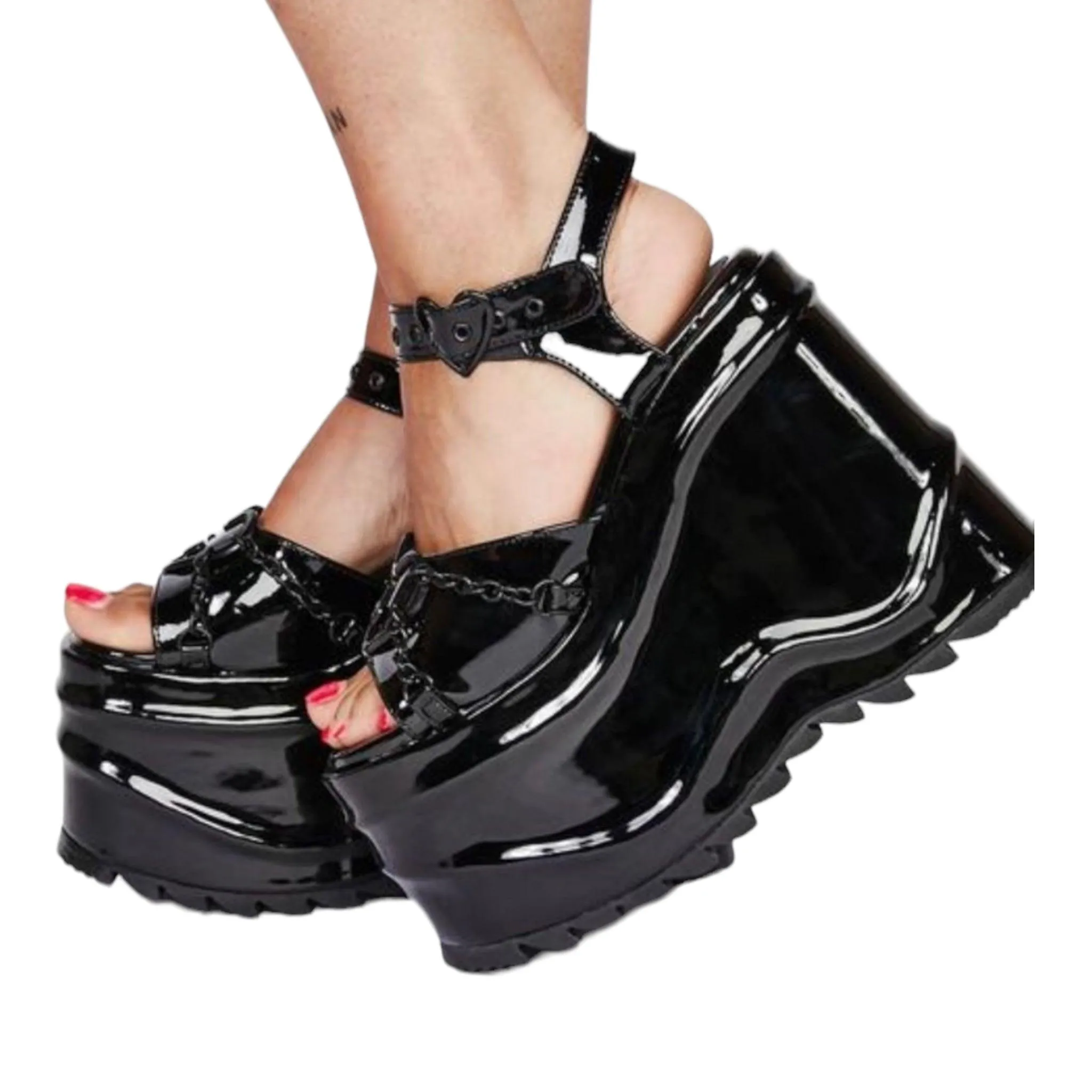 Black Patent Heart Platform Sandals