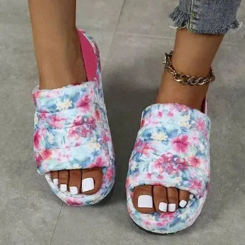 Black Women Heel Slides Elastic Cloth Thick Sole Hair Slippers