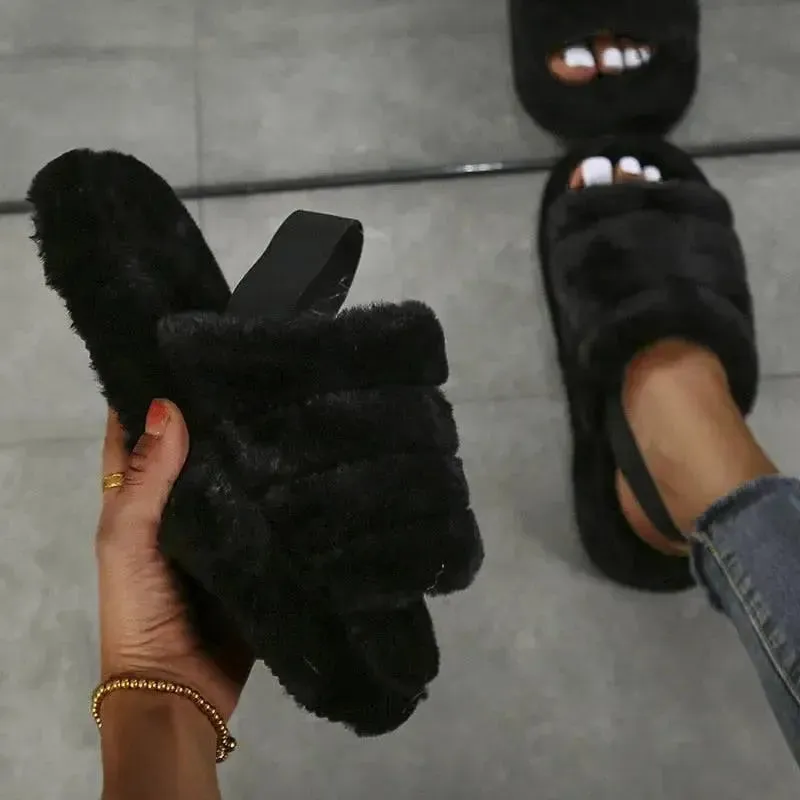 Black Women Heel Slides Elastic Cloth Thick Sole Hair Slippers