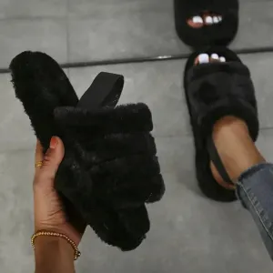 Black Women Heel Slides Elastic Cloth Thick Sole Hair Slippers