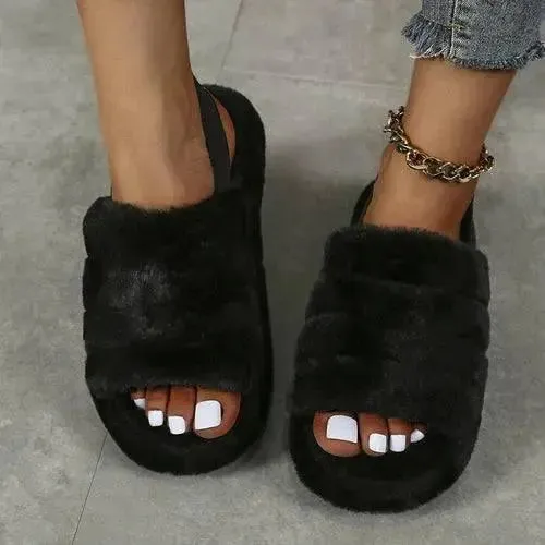 Black Women Heel Slides Elastic Cloth Thick Sole Hair Slippers