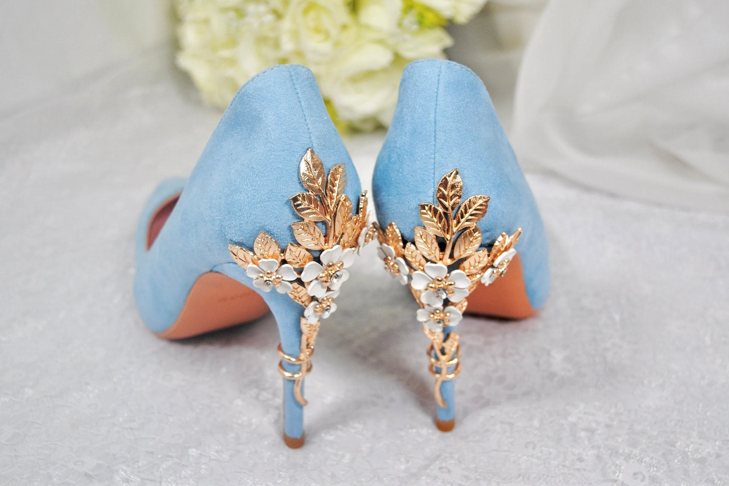 Blue Suede Wedding Shoes with 'Cherry Blossom' Size UK6/US8.5