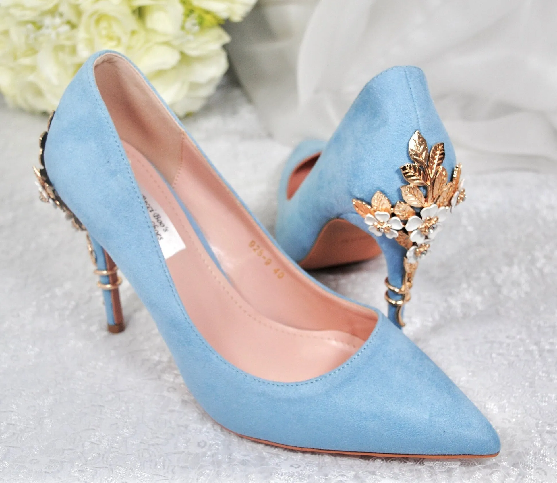 Blue Suede Wedding Shoes with 'Cherry Blossom' Size UK6/US8.5