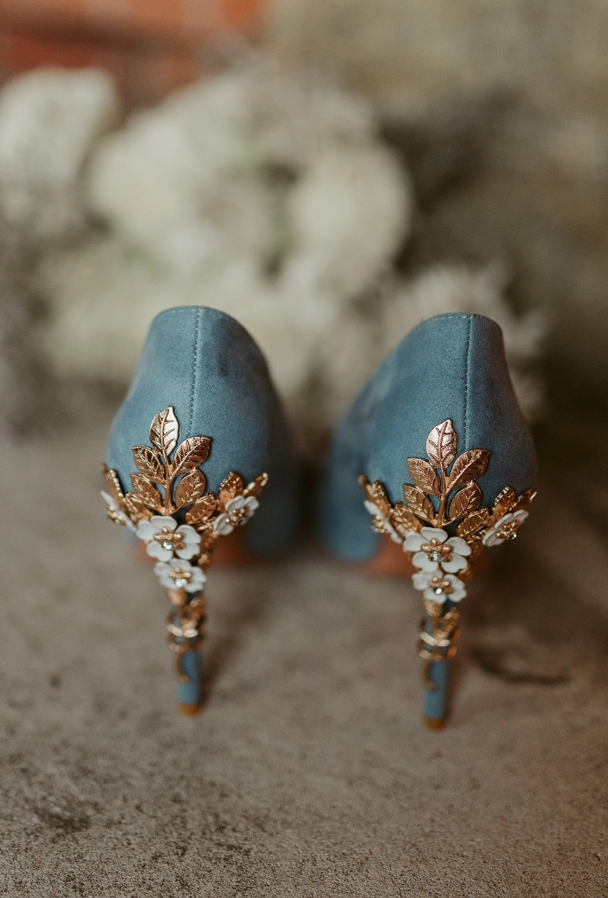 Blue Suede Wedding Shoes with 'Cherry Blossom' Size UK6/US8.5