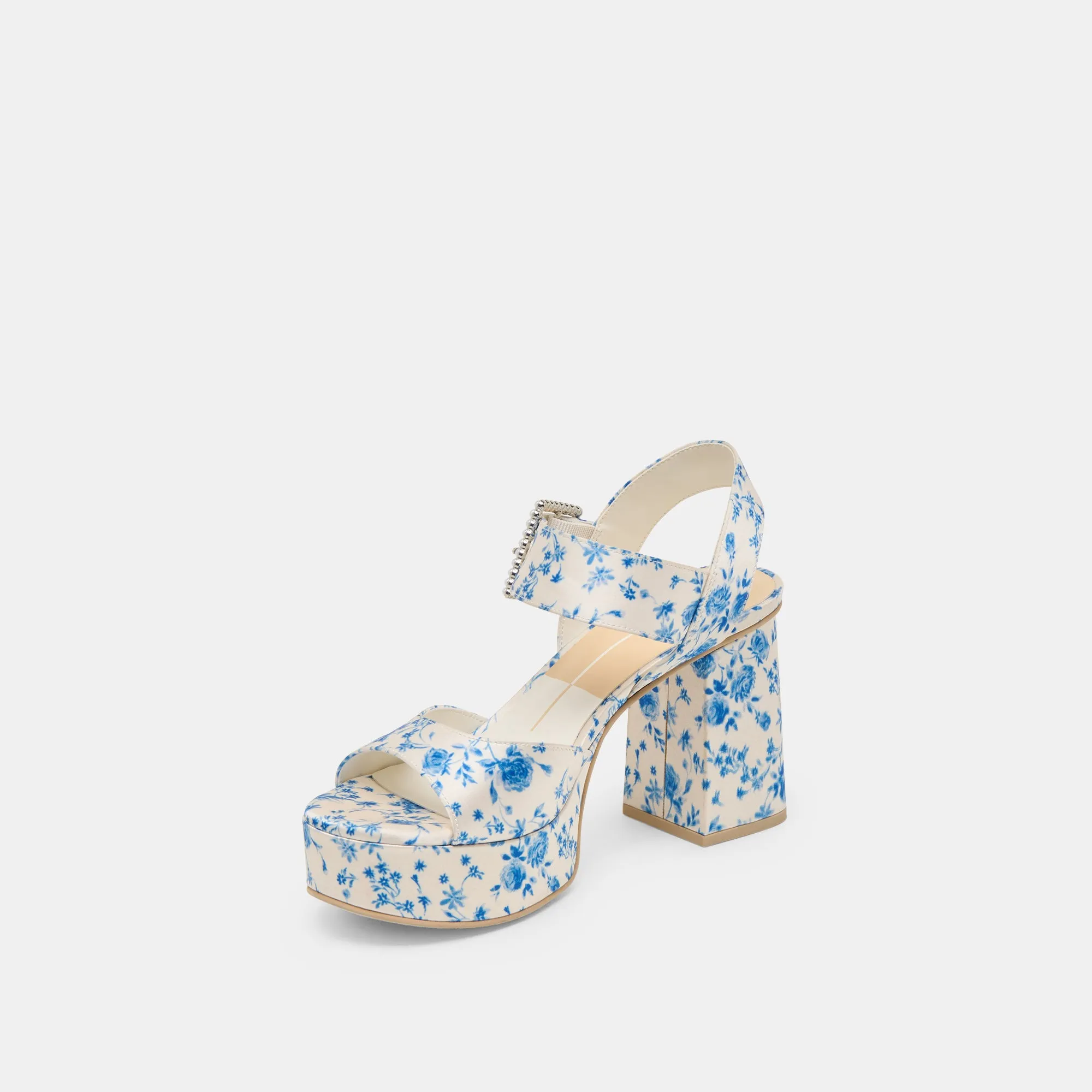BOBBY PEARL HEELS BLUE FLORAL SATIN Smart Heels Airport Look