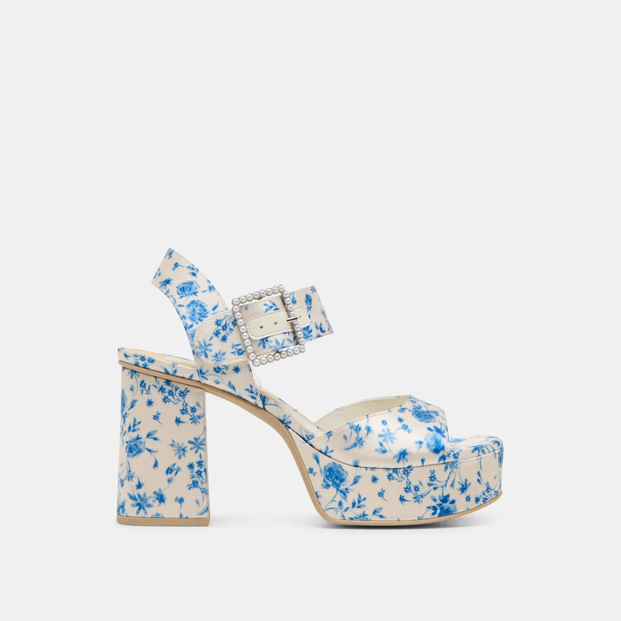 BOBBY PEARL HEELS BLUE FLORAL SATIN Paris Vibe
