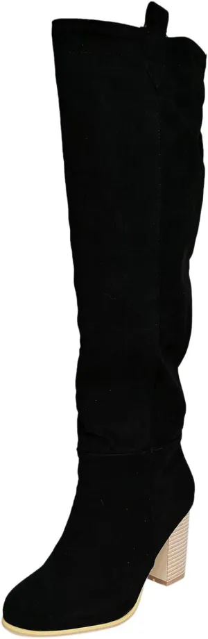 Boots For Women High Chunky Heeled Knee High Boots Pull On Pointed Suede Thigh High Boots Long Bootie