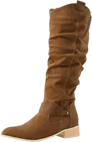 Boots For Women Retro Solid Color Thigh High Boots Pleated Suede Chunky Heeled Knee High Cowgirl Boots