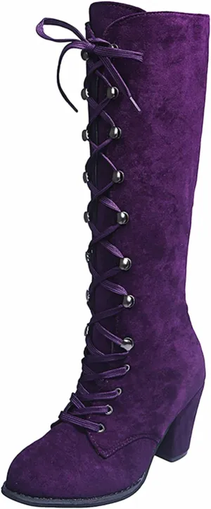 Boots For Women Retro Vintage Lace-Up Thigh High Boots Suede Low Chunky Heels Knee High Long Boots