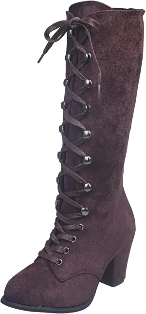 Boots For Women Retro Vintage Lace-Up Thigh High Boots Suede Low Chunky Heels Knee High Long Boots