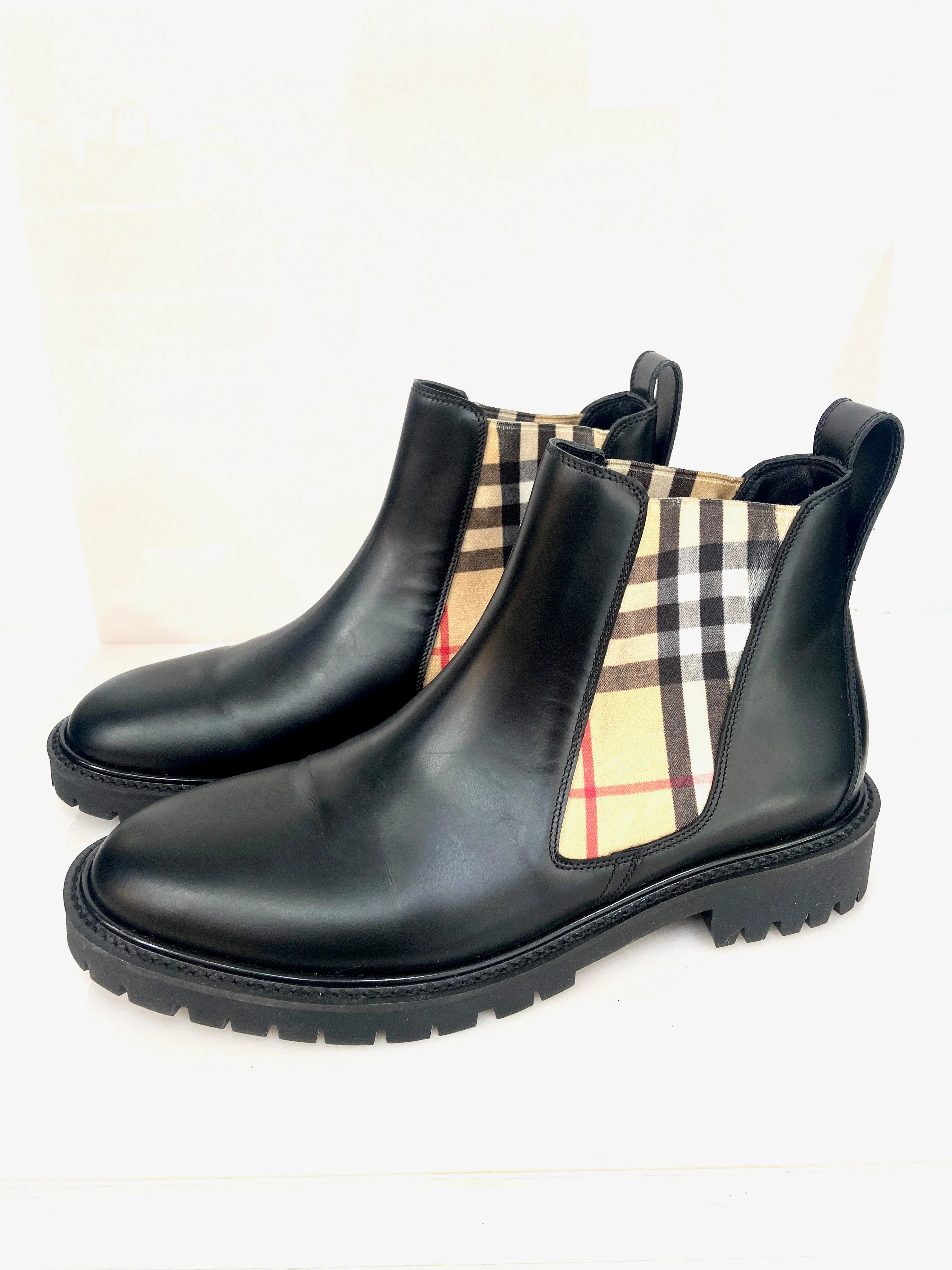BURBERRY ALLOSTOCK CHECK CHELSEA LEATHER ANKLE BOOTS