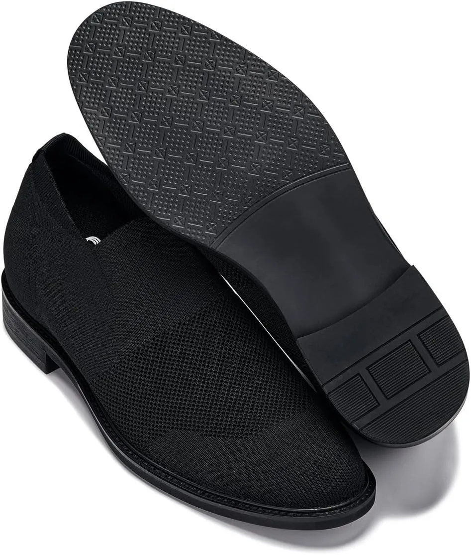 CALTO Men's Invisible Height Increasing Elevator Casual Shoes - Black/Black Sole Ultra Light-Weight Slip-on Knitted Business Dressy Casual Shoes - 2.4 Inches Taller - X1541 - Size 12 D(M) US