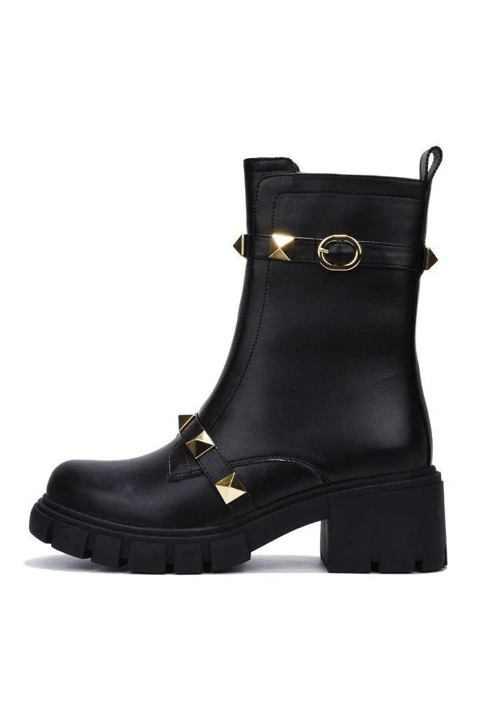 Cape Robbin Yuri Black Gold Embellished Buckle Strap Block Chunky Heel Moto Boot