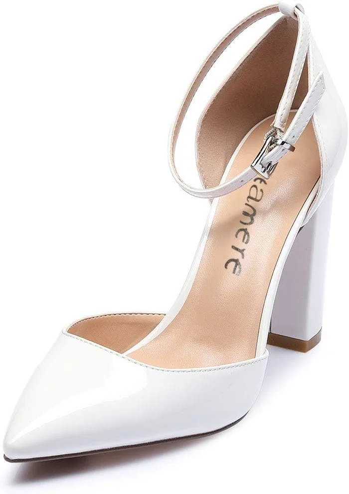 Castamere Womens High Heels Chunky Block Heel Sandals Pointed Toe Ankle Strap Pumps 10CM