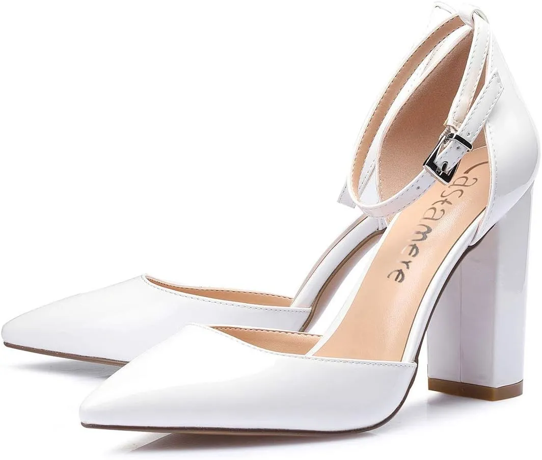 Castamere Womens High Heels Chunky Block Heel Sandals Pointed Toe Ankle Strap Pumps 10CM