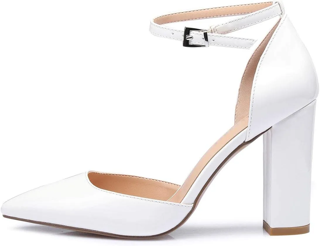 Castamere Womens High Heels Chunky Block Heel Sandals Pointed Toe Ankle Strap Pumps 10CM