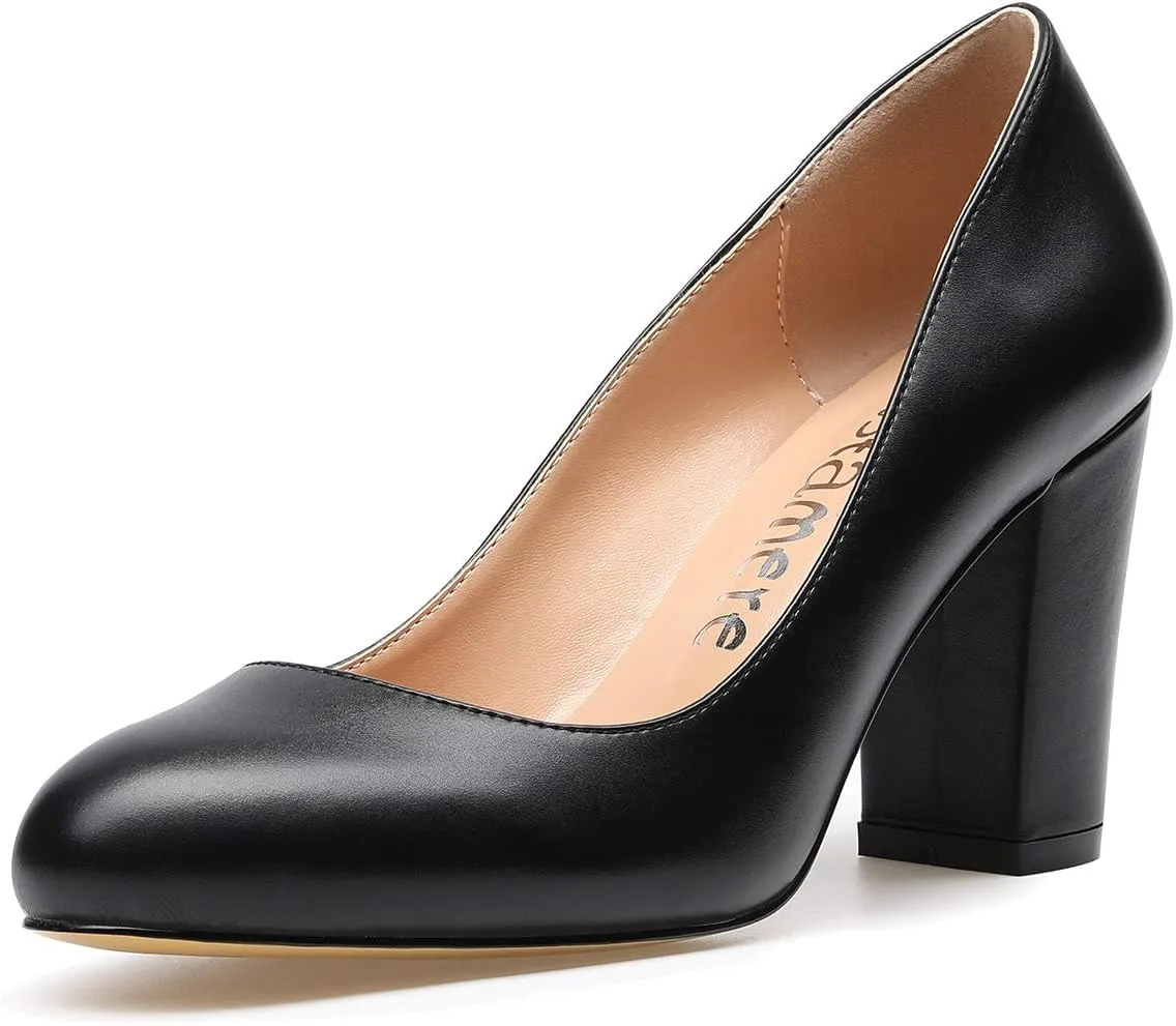 Castamere Women's High Heels Round Toe Slip-On Pumps Block Heel 8CM