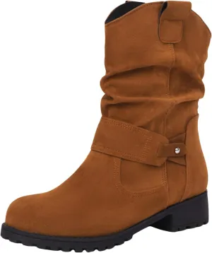 Cathalem Combat Boots for Women Western Round Toe Suede Wide Width Flat Womens Boots Mid Calf Winter Boots for Women