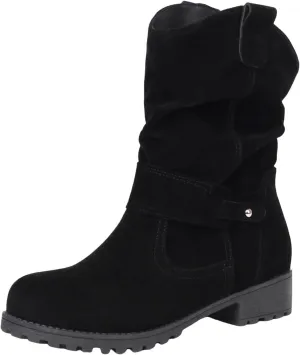 Cathalem Combat Boots for Women Western Round Toe Suede Wide Width Flat Womens Boots Mid Calf Winter Boots for Women