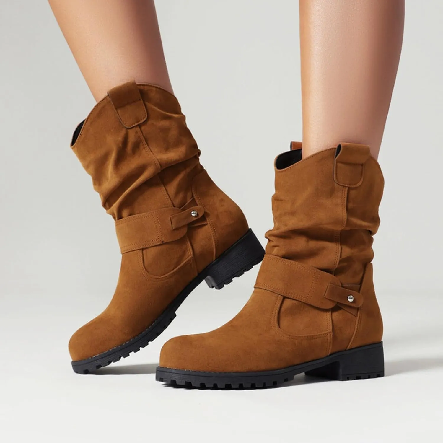 Cathalem Combat Boots for Women Western Round Toe Suede Wide Width Flat Womens Boots Mid Calf Winter Boots for Women