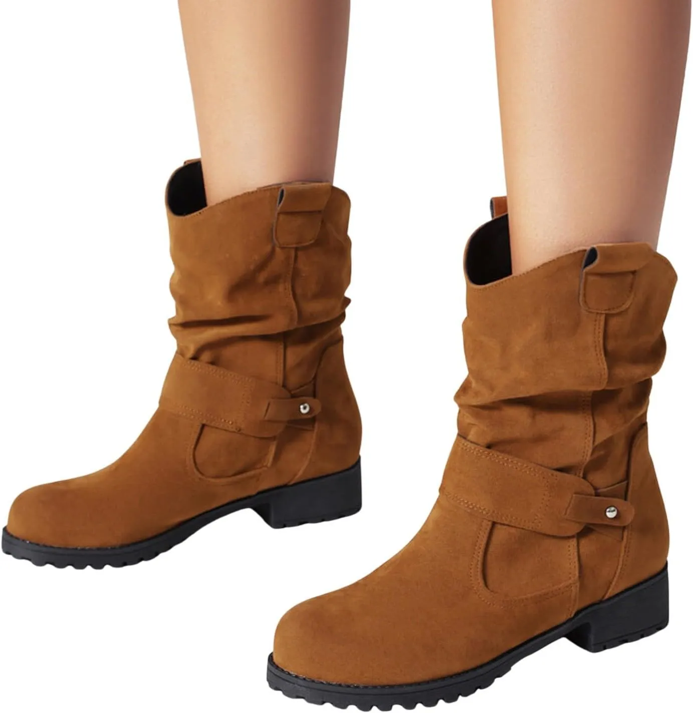 Cathalem Combat Boots for Women Western Round Toe Suede Wide Width Flat Womens Boots Mid Calf Winter Boots for Women