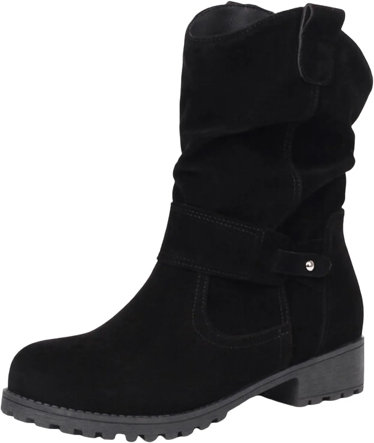 Cathalem Combat Boots for Women Western Round Toe Suede Wide Width Flat Womens Boots Mid Calf Winter Boots for Women