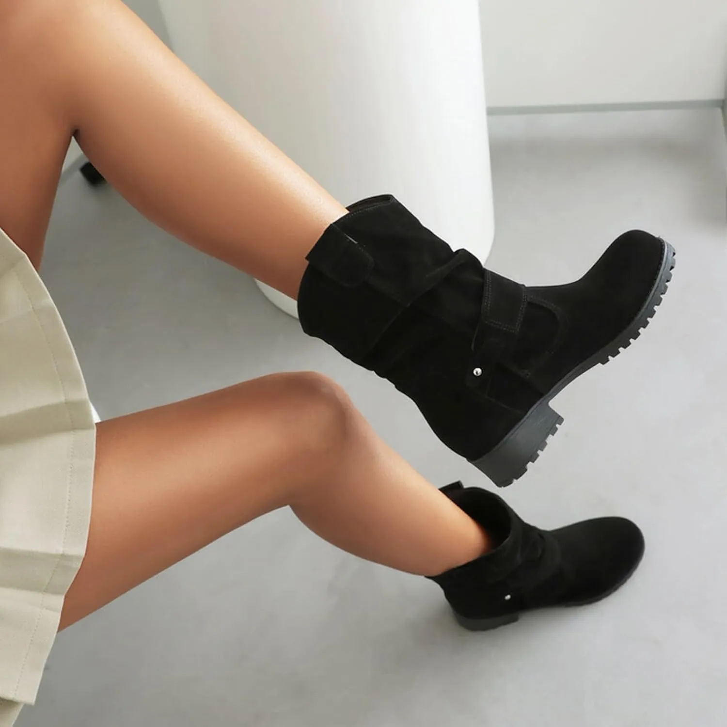 Cathalem Combat Boots for Women Western Round Toe Suede Wide Width Flat Womens Boots Mid Calf Winter Boots for Women