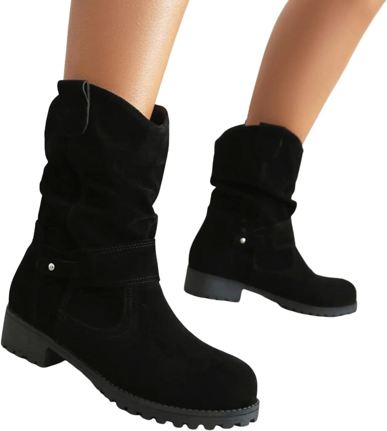 Cathalem Combat Boots for Women Western Round Toe Suede Wide Width Flat Womens Boots Mid Calf Winter Boots for Women