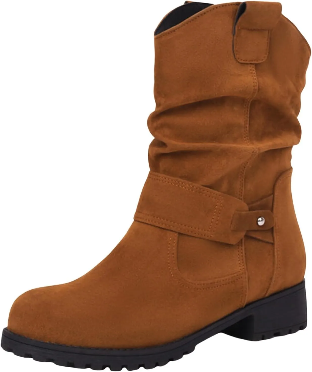 Cathalem Combat Boots for Women Western Round Toe Suede Wide Width Flat Womens Boots Mid Calf Winter Boots for Women