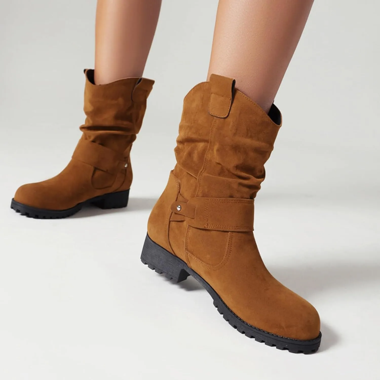 Cathalem Combat Boots for Women Western Round Toe Suede Wide Width Flat Womens Boots Mid Calf Winter Boots for Women